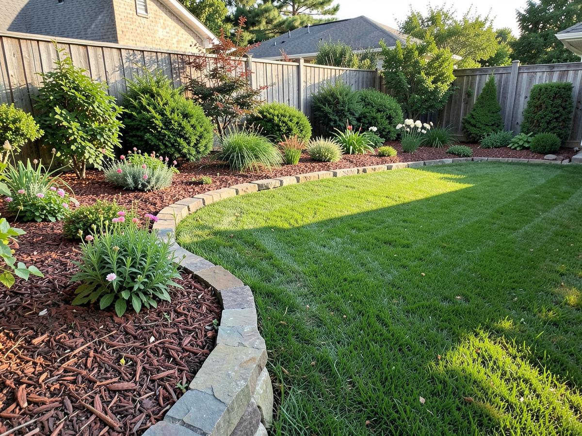 Landscaped backyard with stone edging and mulched beds